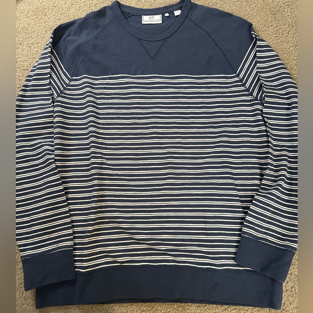 Southern Tide Men's Blue and White Striped Crewneck Sweater